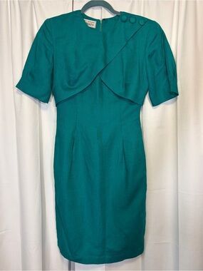 Rare Vintage 1980s Geary Roark Kamisato Teal Linen Blend Wiggle Dress. Size 4.